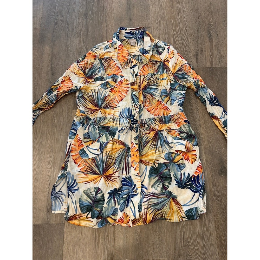 Chicos Tropical Leaf Print Linen Utility Shirt Jacket Drawstring Waist Size 3 XL - Picture 2 of 9